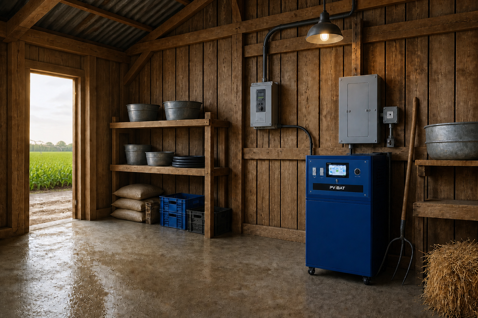 Concept visual: deep-blue TIGER placed against the wall inside a covered farm utility barn