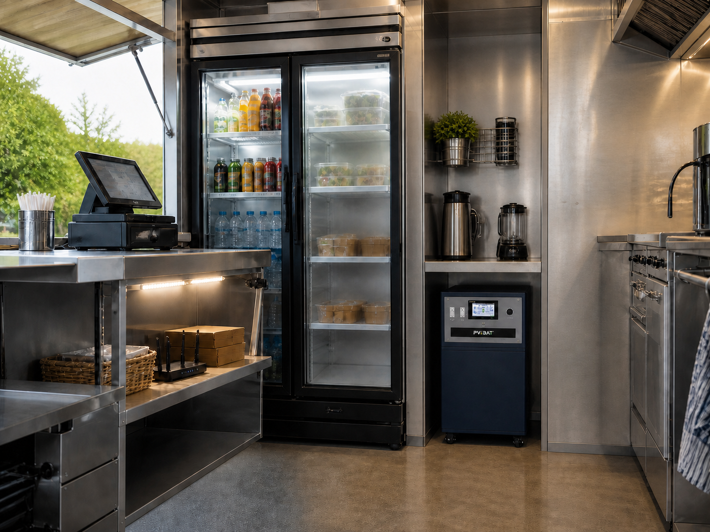 Concept visual: TIGER in a wall-side utility alcove of a small food-service business