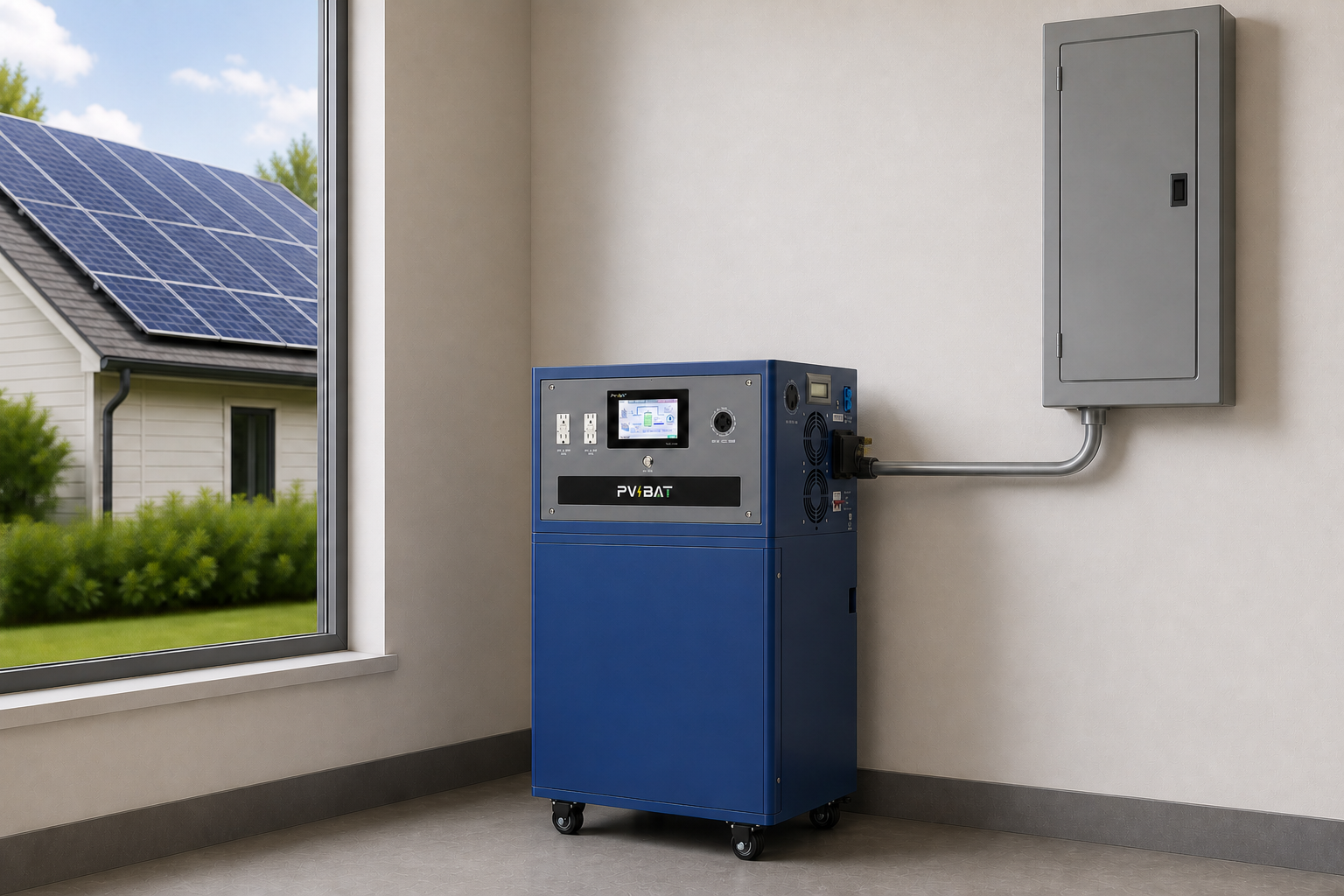 Concept visual: TIGER connected to a wall-mounted electrical panel with rooftop solar panels visible outside