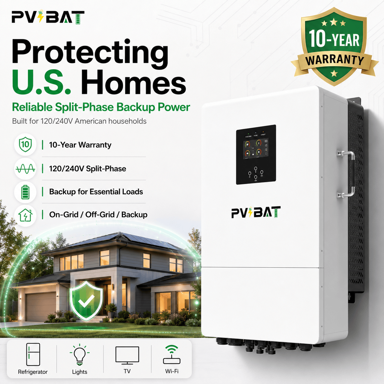 PVBAT L2P G2 IP66 12kW On/Off-Grid Energy Storage Split Phase Hybrid  Inverter