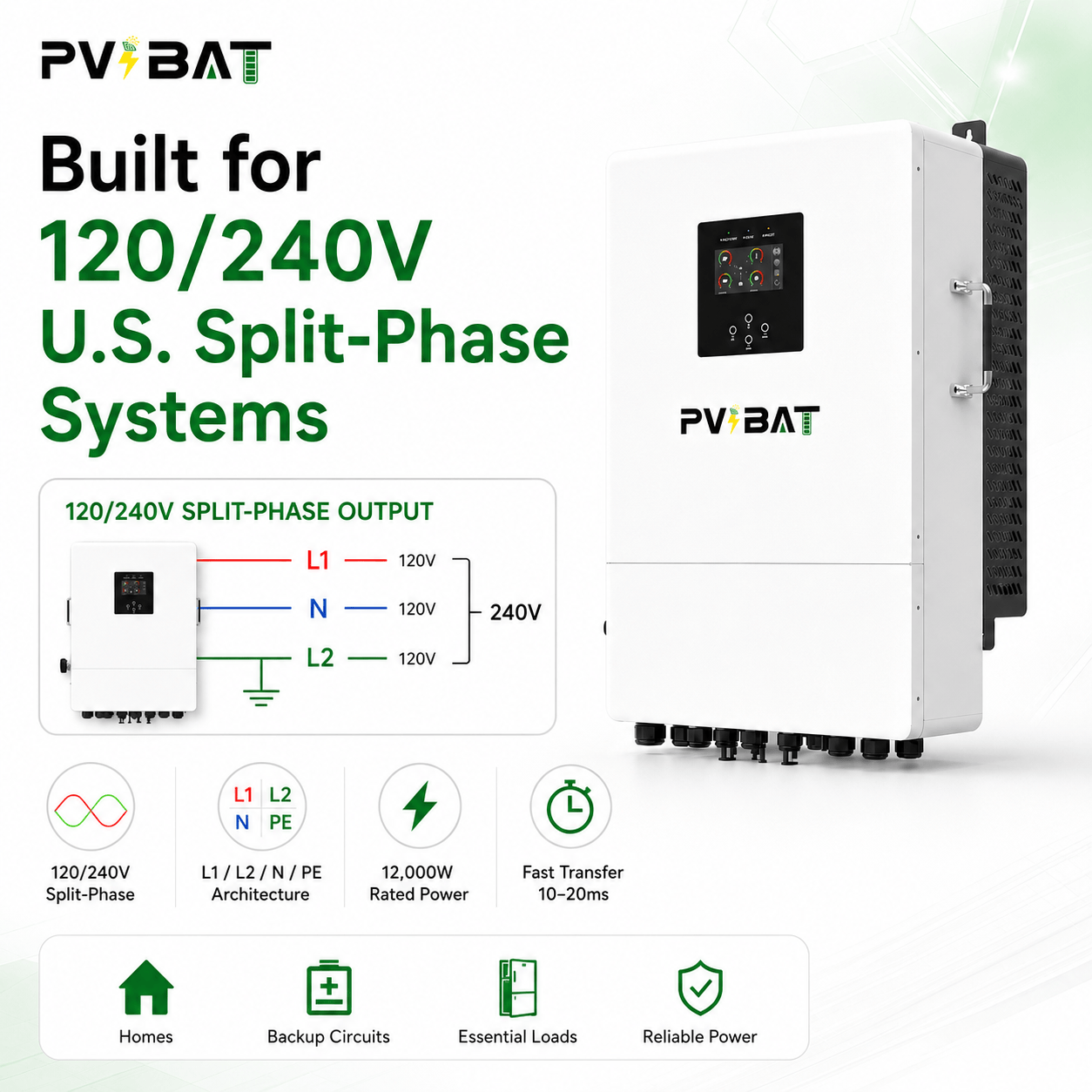 PVBAT L2P G2 IP66 12kW On/Off-Grid Energy Storage Split Phase Hybrid  Inverter