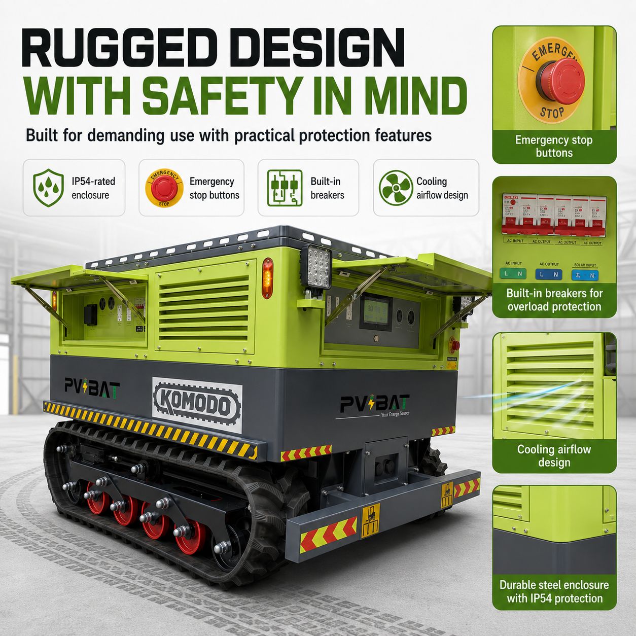 100kWh all-terrain mobile power station with IP54 enclosure, emergency stop buttons, built-in breakers, and cooling airflow design