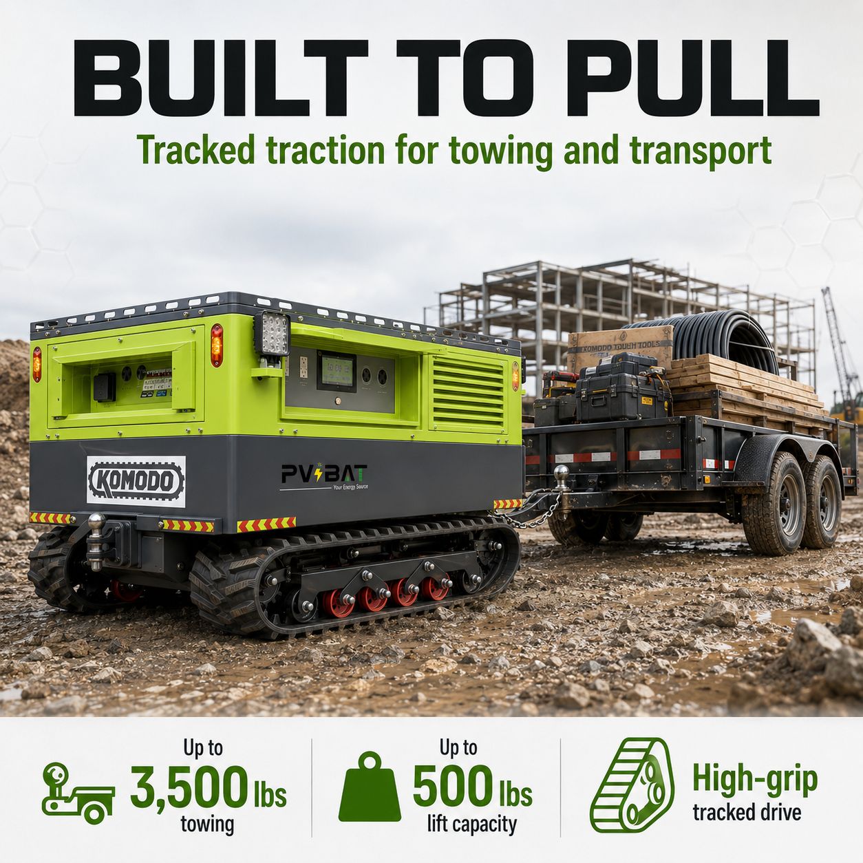KOMODO-72 all-terrain mobile power station with tracked traction for towing and transport