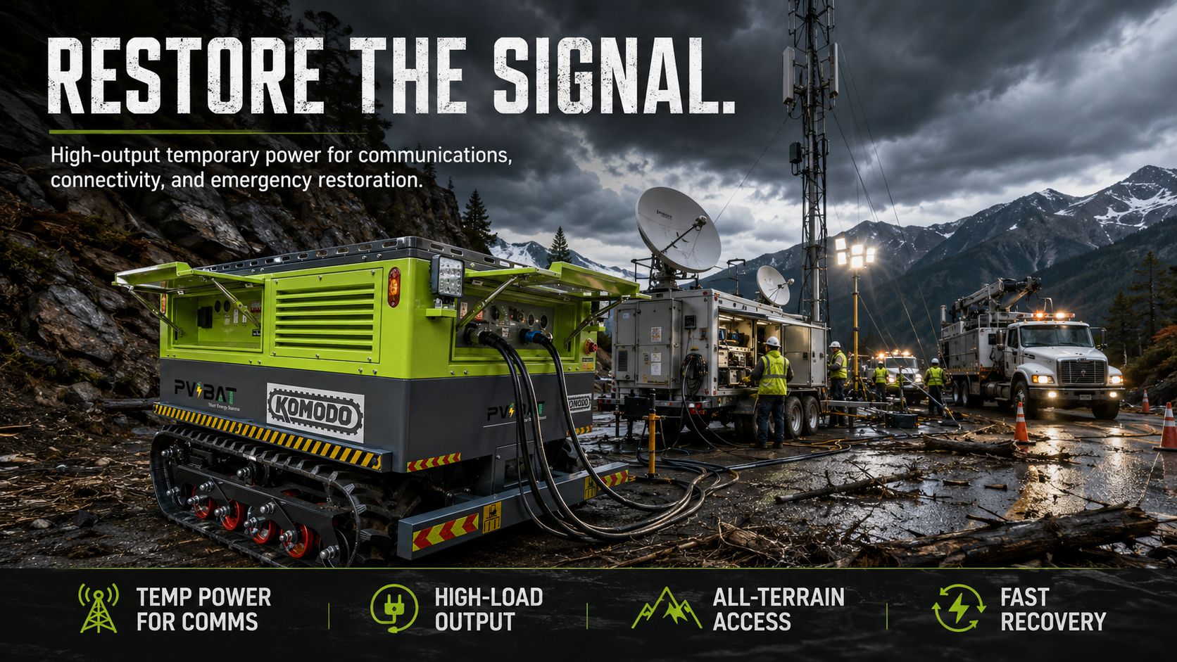 KOMODO-72 mobile power station supporting emergency signal recovery, field communications, and rescue power operations