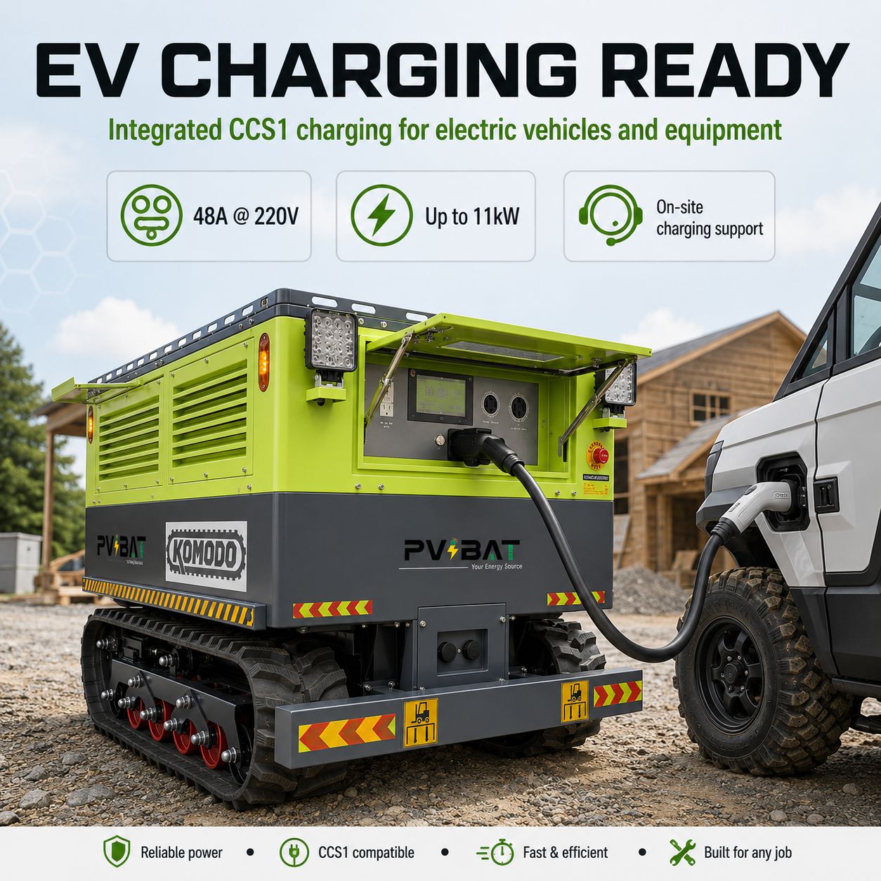 KOMODO-72 mobile power station with integrated CCS1 EV charging, 48A at 220V and up to 11kW on-site charging support