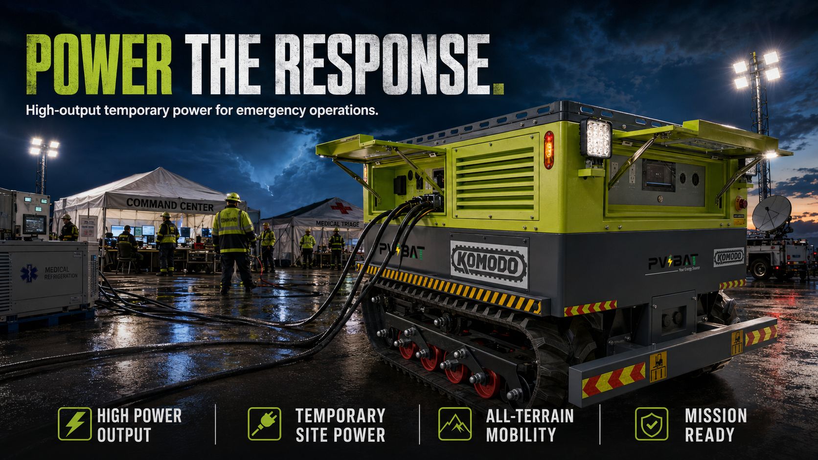 KOMODO-72 rugged all-terrain mobile power station for construction site power, tools, equipment, and jobsite operations