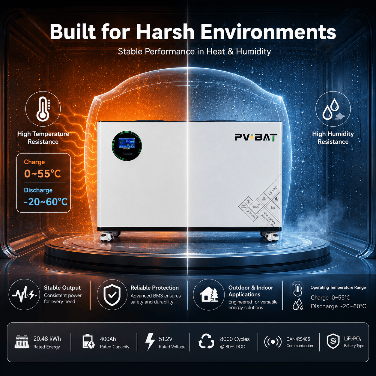 20.48kWh LiFePO4 Battery Module | 51.2V 400Ah Wall-Mounted Solar Battery Storage System