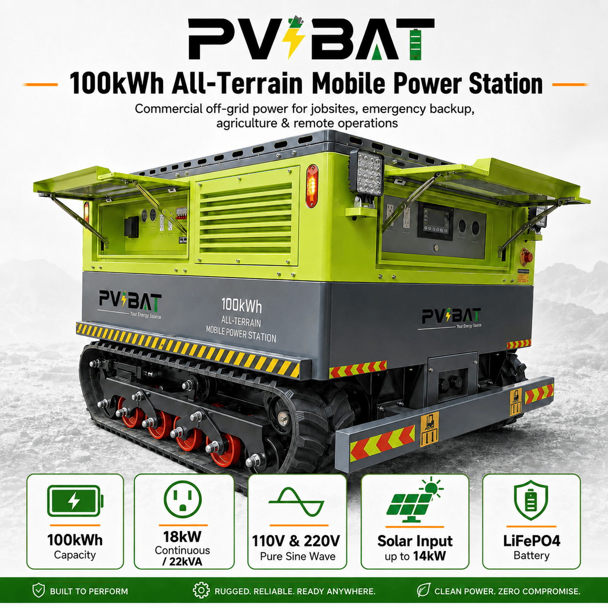 MSP-100 100kWh All-Terrain Mobile Power Station | 18kW Inverter | Solar Charging & 11kW CCS1 EV Charging