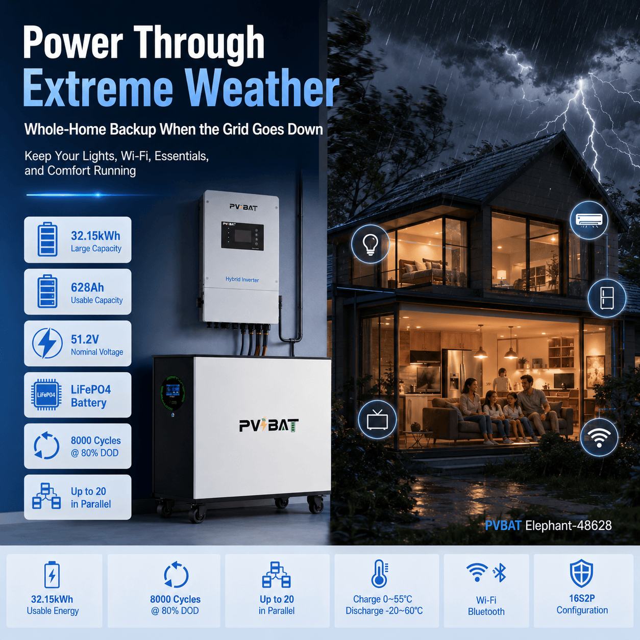 Elephant-48628 32.15kWh 51.2V 628Ah high-capacity LiFePO₄ energy storage battery for Home & Commercial Energy Storage