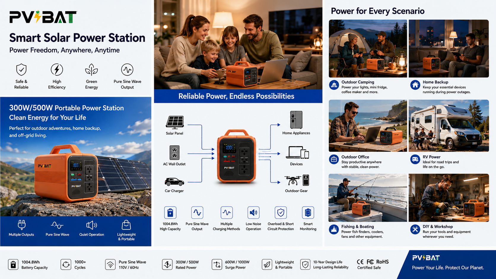 pvbat 500w 1000wh portable outdoor power station