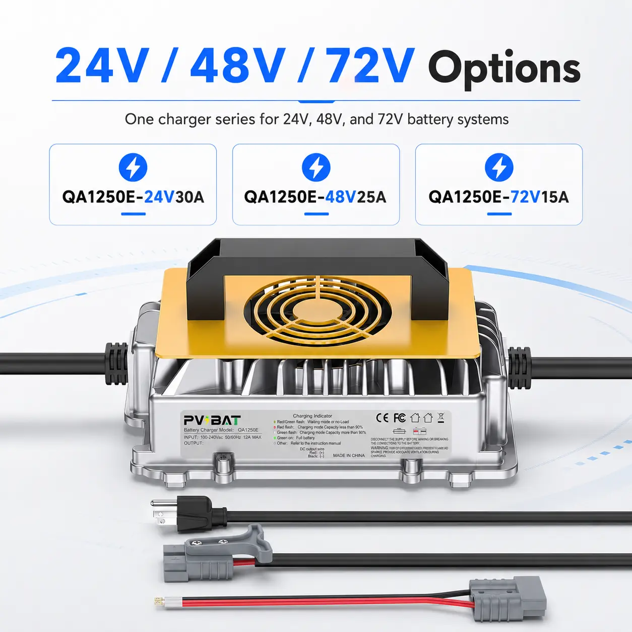QA1250E Series Smart Battery Charger | 24V 30A / 48V 25A / 72V 15A | 100–240V AC Input | IP65 Die-Cast Aluminum | CAN BUS