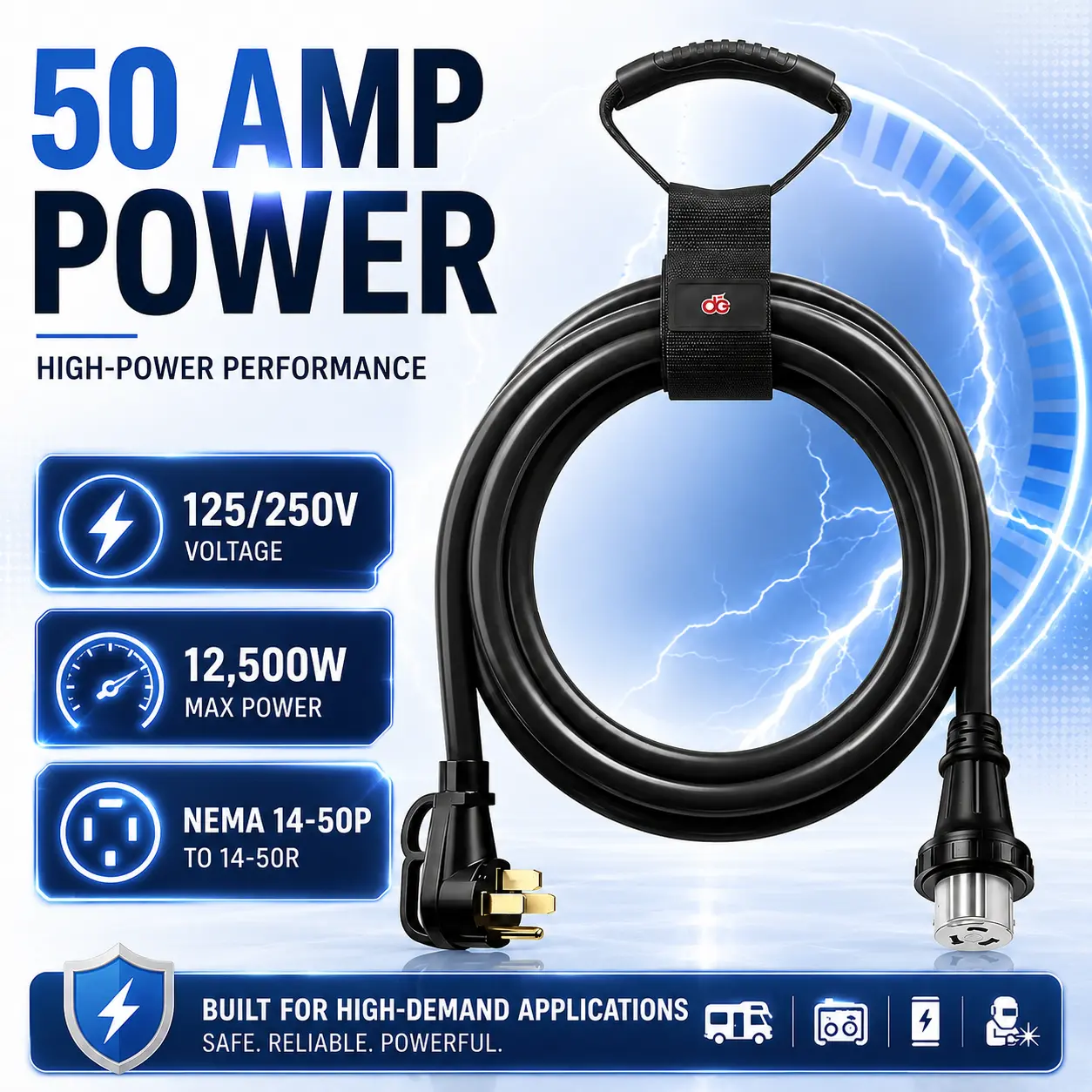 50 Amp RV Extension Cord — NEMA 14-50P to 14-50R, 125/250V, 10FT Heavy-Duty STW, Copper, IP65 Rated Connectors