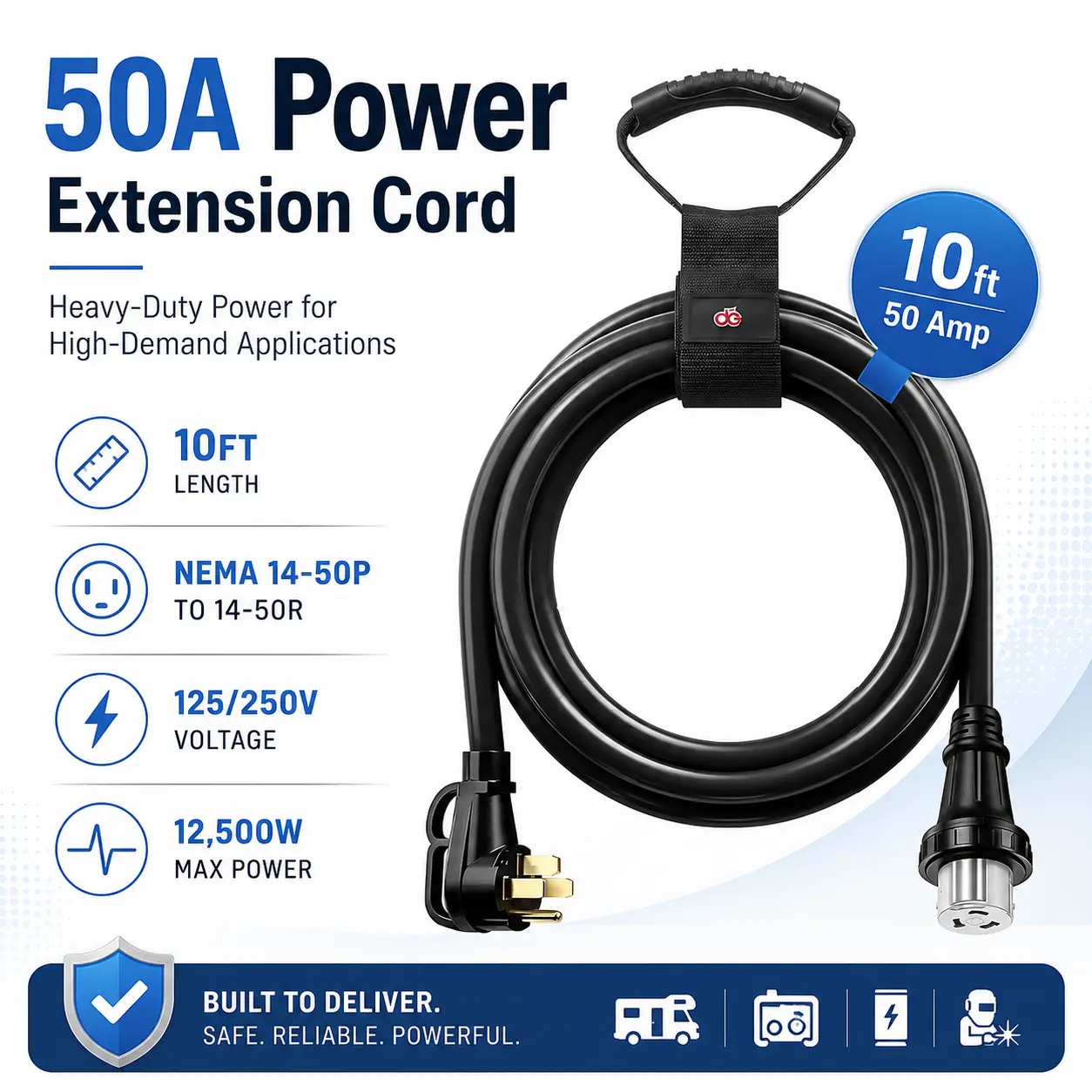 50 Amp RV Extension Cord — NEMA 14-50P to 14-50R, 125/250V, 10FT Heavy-Duty STW, Copper, IP65 Rated Connectors