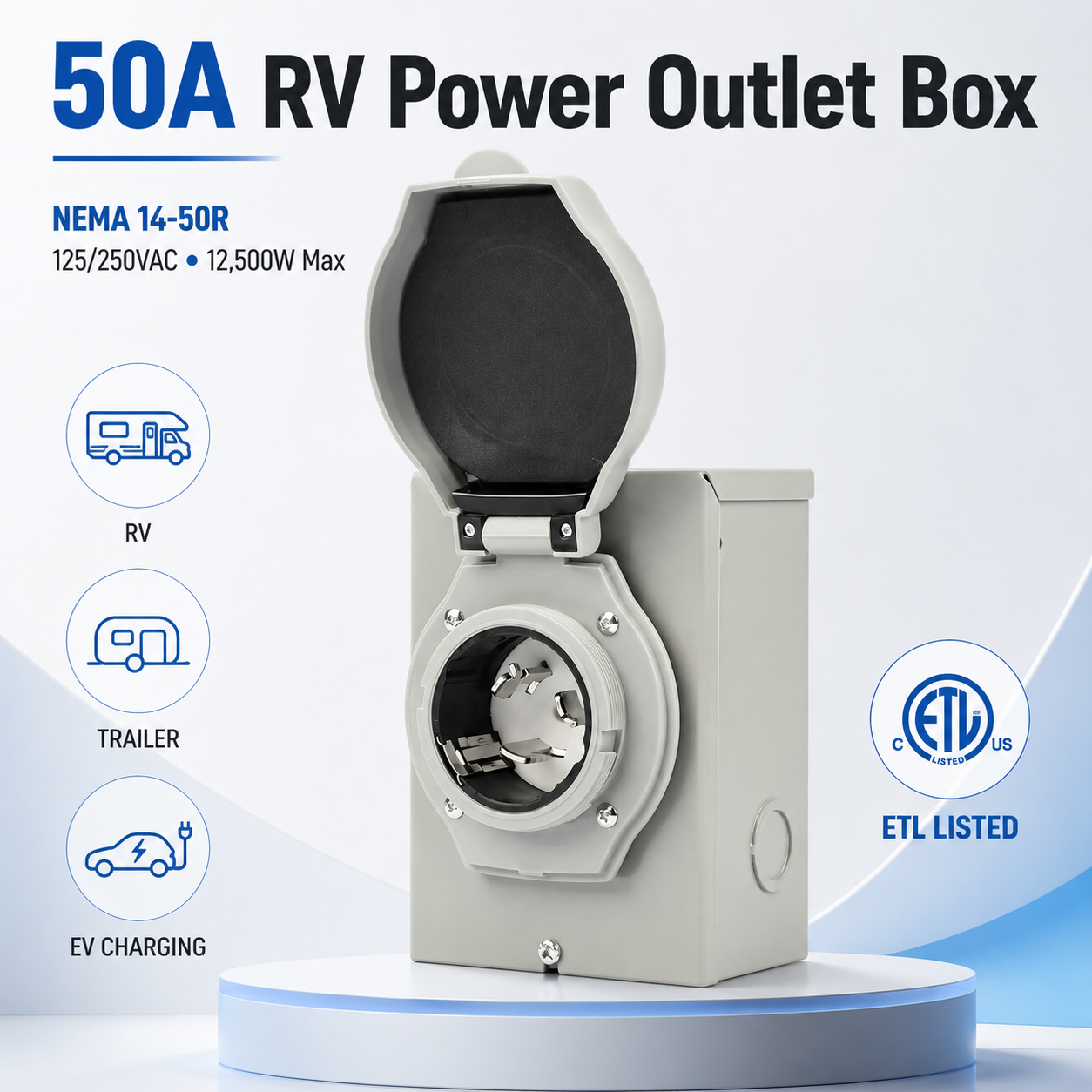 50A RV Power Outlet Box NEMA 14-50R | ETL Listed Outdoor RV Receptacle Box for RV, Trailer & EV Charging