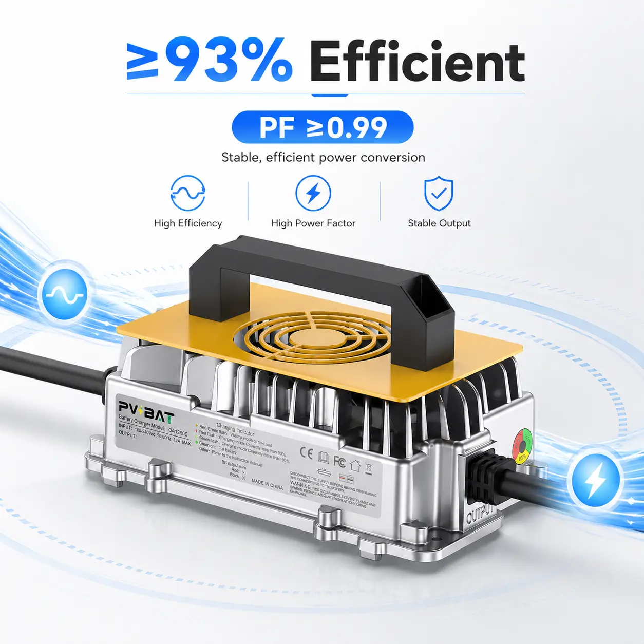 QA1250E Series Smart Battery Charger | 24V 30A / 48V 25A / 72V 15A | 100–240V AC Input | IP65 Die-Cast Aluminum | CAN BUS