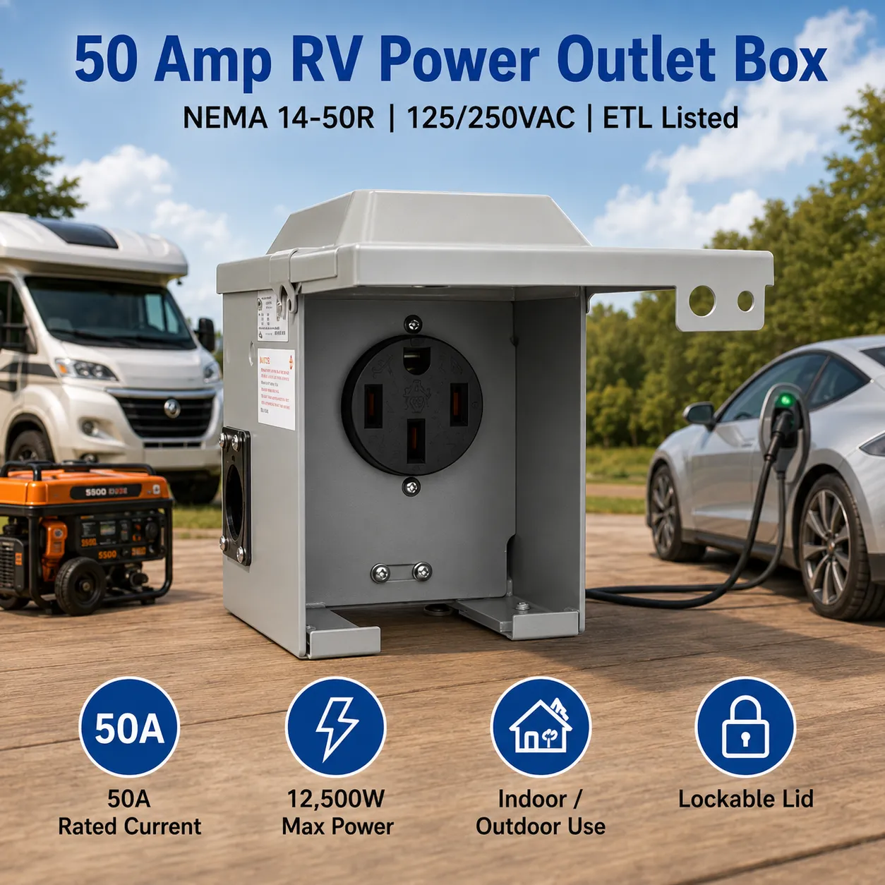 50 A RV Power Outlet Box — NEMA 14-50R, 125/250V | Model RM50DFPB-22