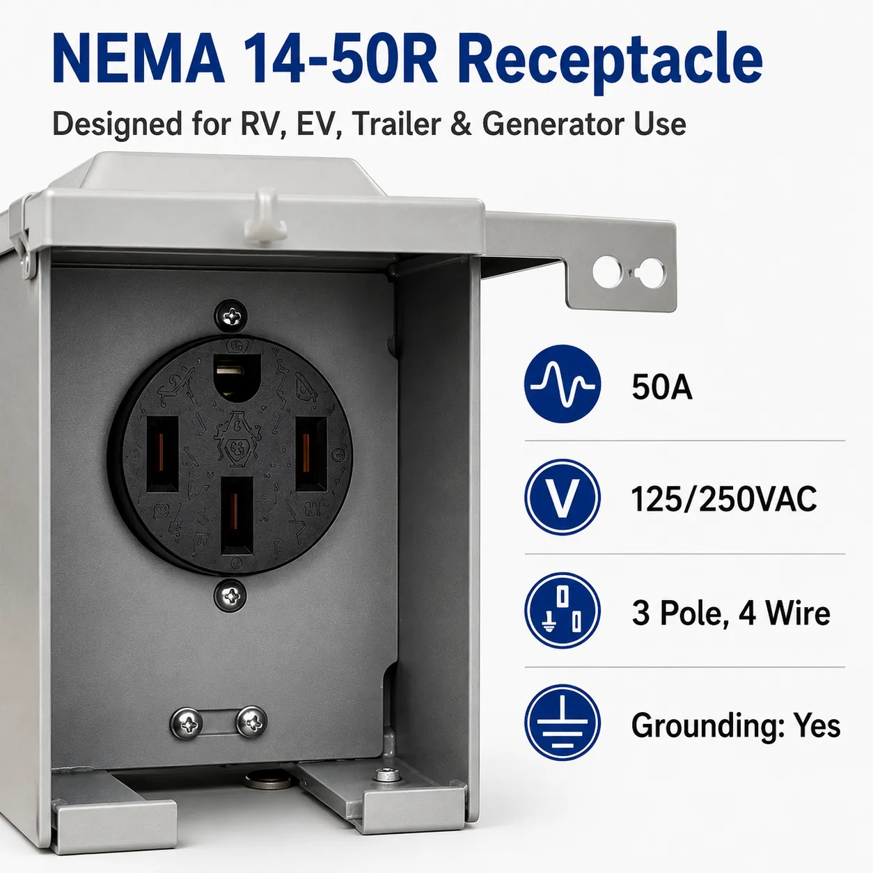 50 A RV Power Outlet Box — NEMA 14-50R, 125/250V | Model RM50DFPB-22