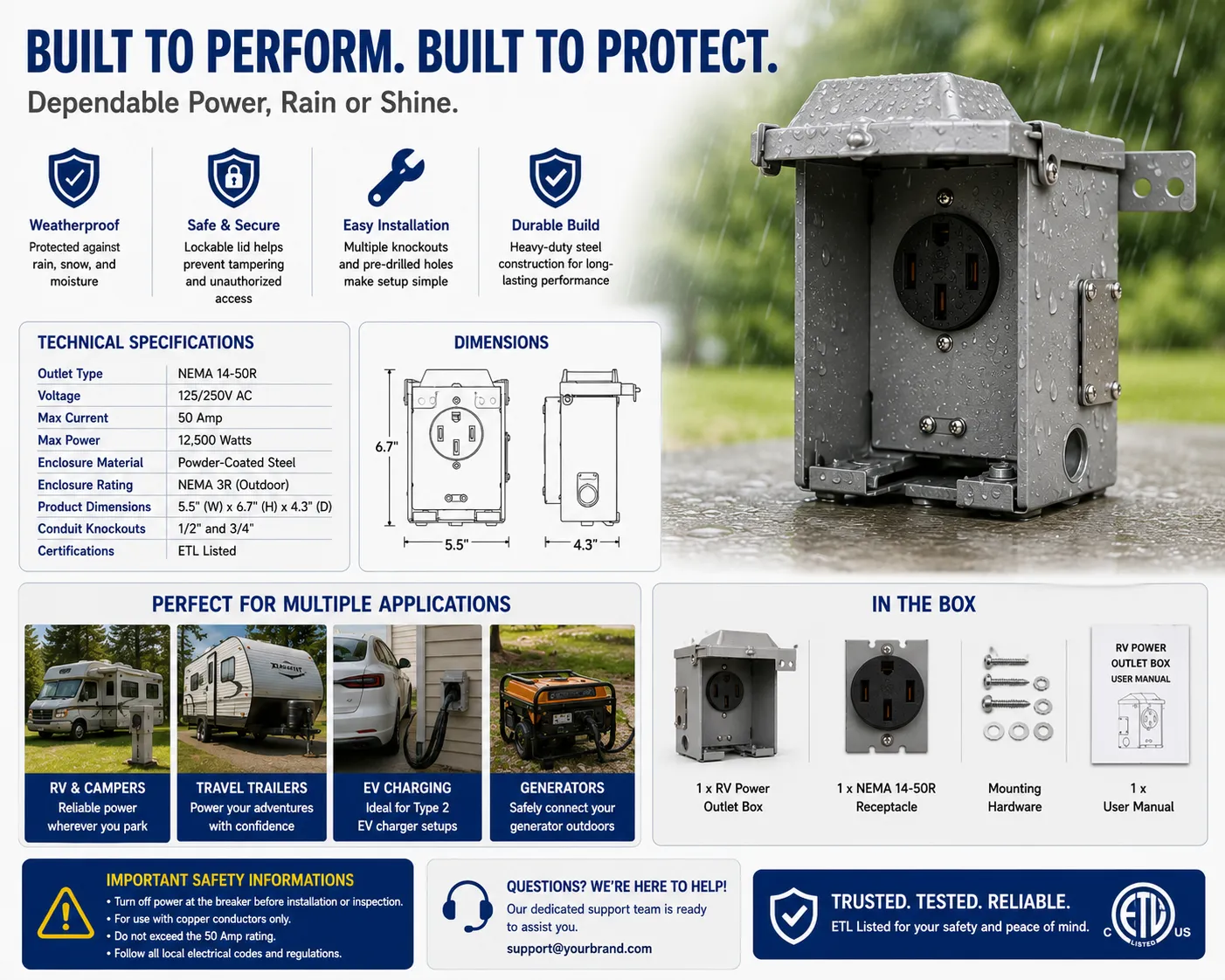 50 A RV Power Outlet Box — NEMA 14-50R, 125/250V | Model RM50DFPB-22