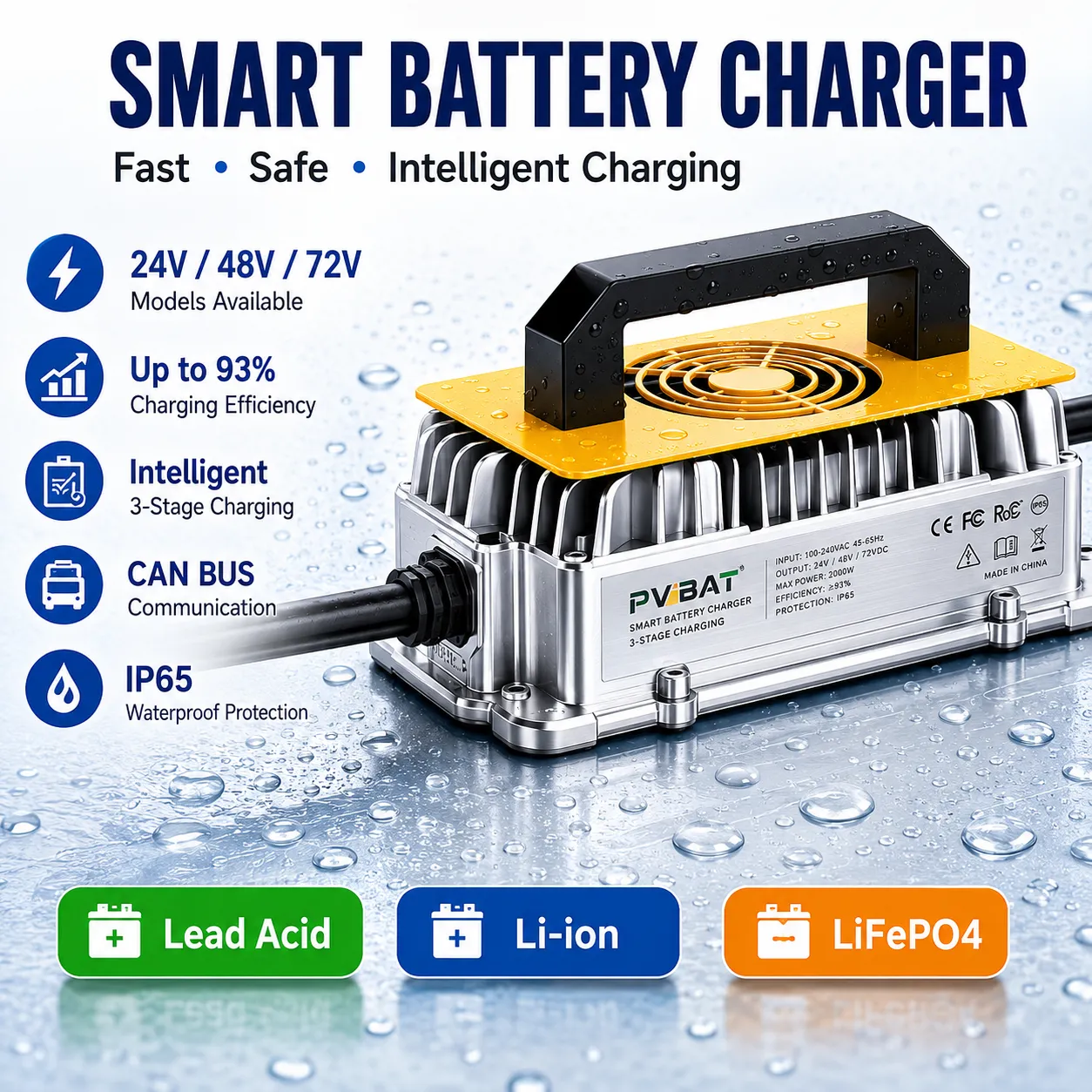QA1250E Series Smart Battery Charger | 24V 30A / 48V 25A / 72V 15A | 100–240V AC Input | IP65 Die-Cast Aluminum | CAN BUS