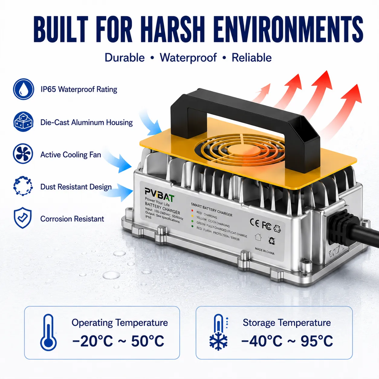 QA1250E Series Smart Battery Charger | 24V 30A / 48V 25A / 72V 15A | 100–240V AC Input | IP65 Die-Cast Aluminum | CAN BUS