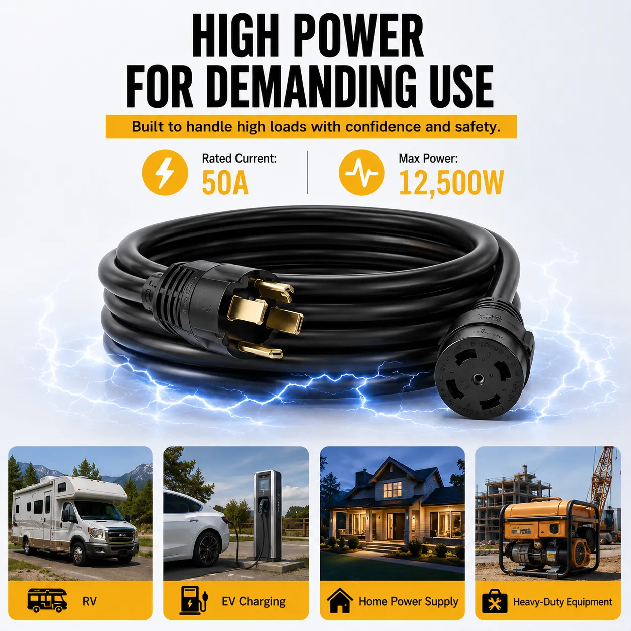 50 Amp RV Extension Cord — NEMA 14-50P to 14-50R, 125/250V, 10FT Heavy-Duty STW, Copper, IP65 Rated Connectors