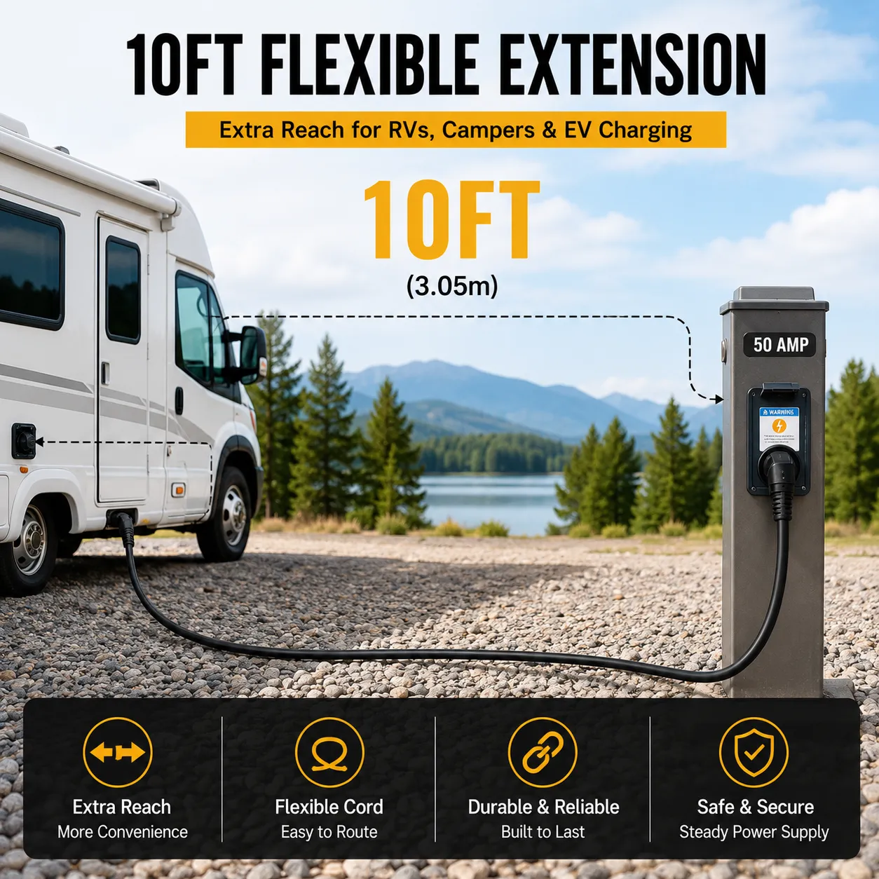 50 Amp RV Extension Cord — NEMA 14-50P to 14-50R, 125/250V, 10FT Heavy-Duty STW, Copper, IP65 Rated Connectors