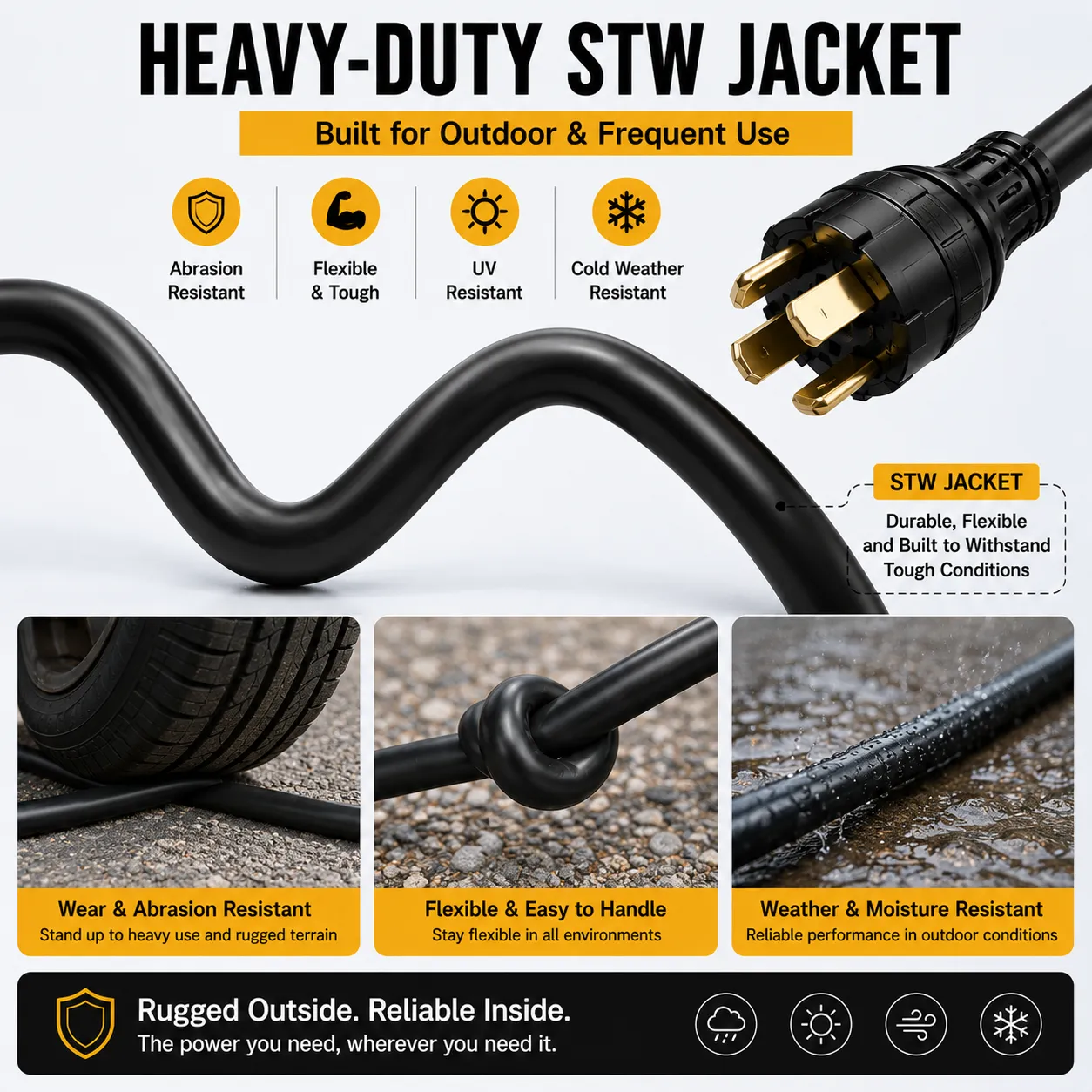 50 Amp RV Extension Cord — NEMA 14-50P to 14-50R, 125/250V, 10FT Heavy-Duty STW, Copper, IP65 Rated Connectors