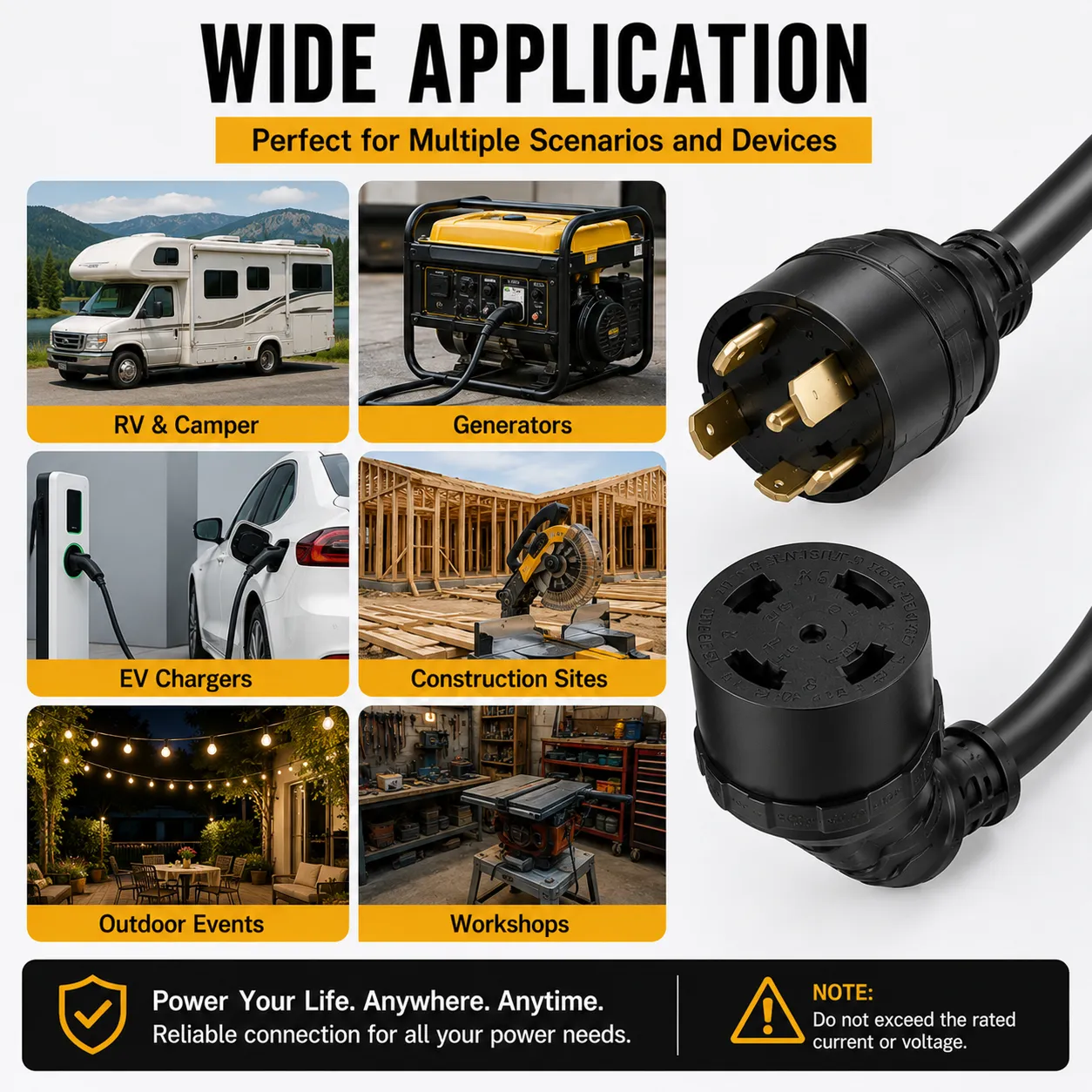 50 Amp RV Extension Cord — NEMA 14-50P to 14-50R, 125/250V, 10FT Heavy-Duty STW, Copper, IP65 Rated Connectors
