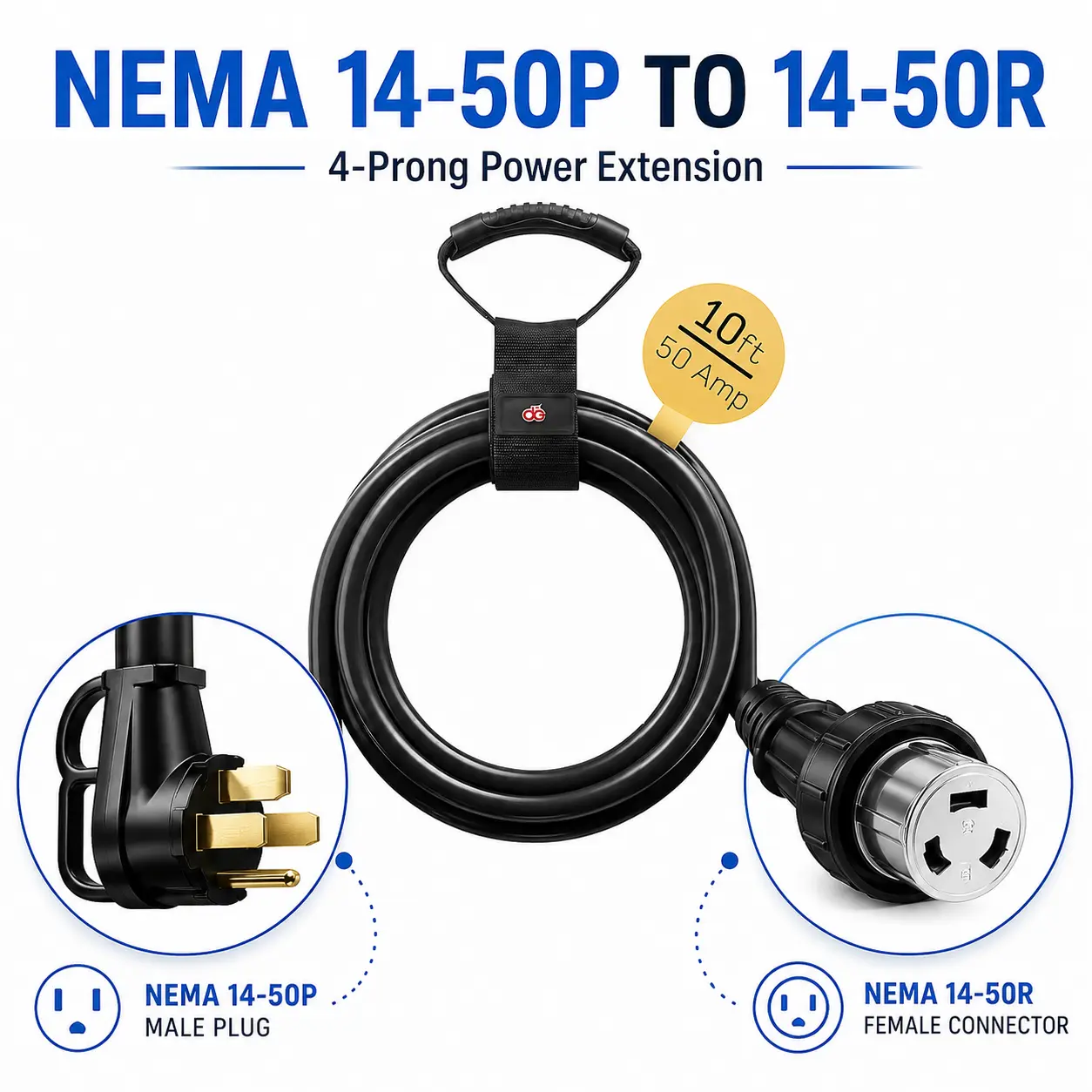 50 Amp RV Extension Cord — NEMA 14-50P to 14-50R, 125/250V, 10FT Heavy-Duty STW, Copper, IP65 Rated Connectors