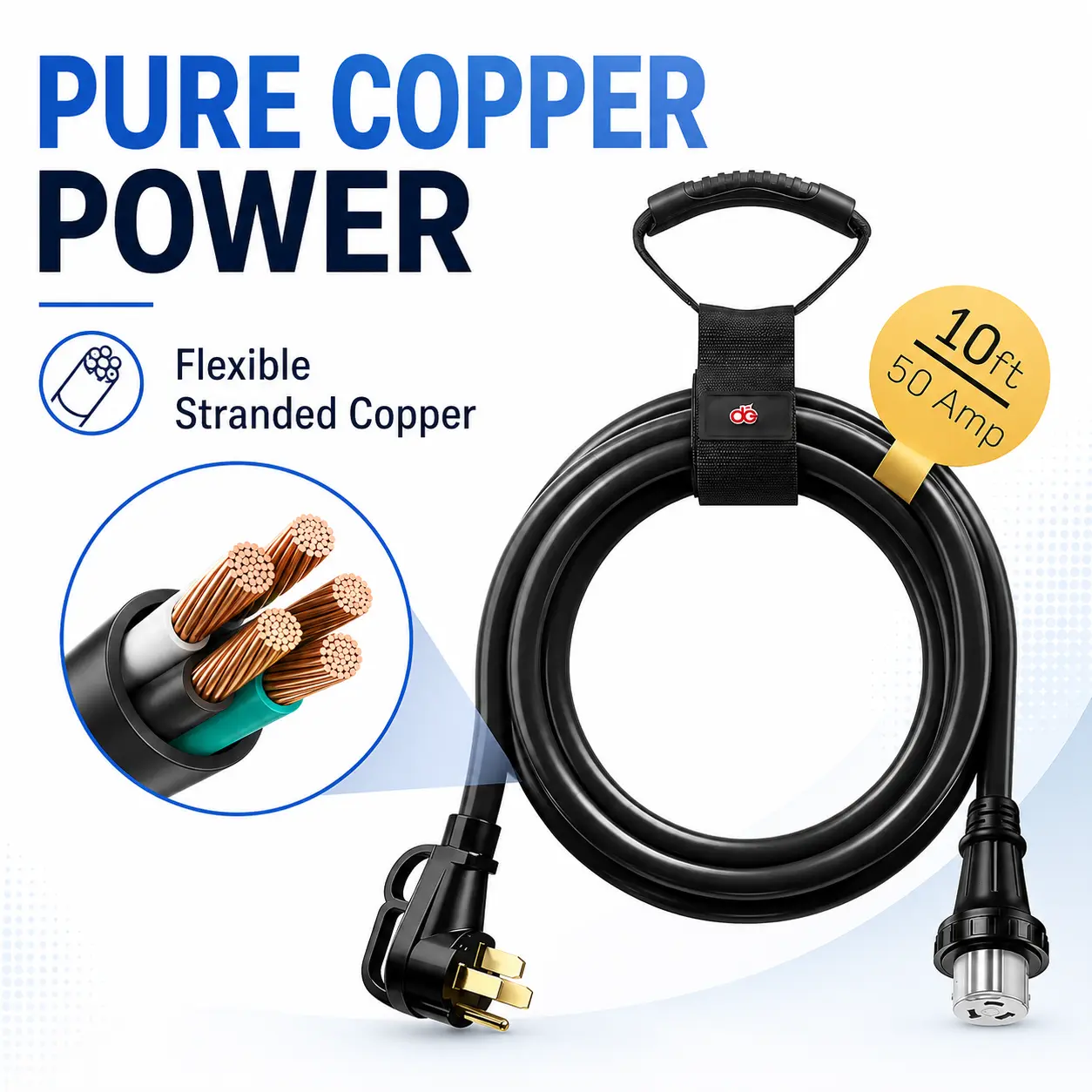 50 Amp RV Extension Cord — NEMA 14-50P to 14-50R, 125/250V, 10FT Heavy-Duty STW, Copper, IP65 Rated Connectors