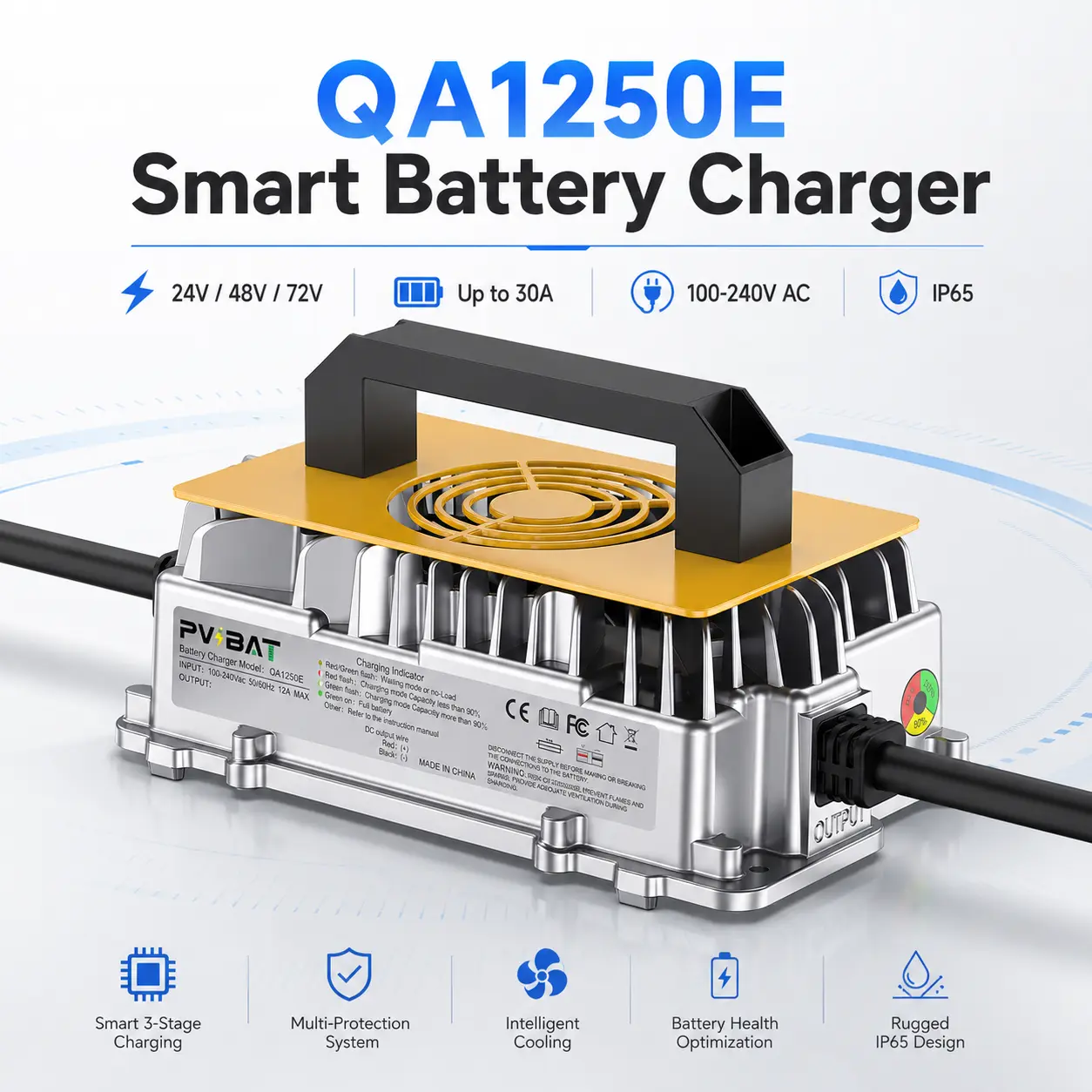 QA1250E Series Smart Battery Charger | 24V 30A / 48V 25A / 72V 15A | 100–240V AC Input | IP65 Die-Cast Aluminum | CAN BUS
