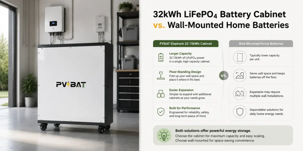 32kWh LiFePO4 Battery Cabinet vs Wall-Mounted Home Batteries: Which One Makes Sense? Home battery storage is no longer limited to small wall-mounted units in a garage. As homeowners, farms, and small businesses look for longer backup time, larger battery cabinets are becoming a serious option. One example is the PVBAT Elephant 32.15kWh LiFePO4 battery cabinet. With 51.2V nominal voltage and 628Ah capacity, it is designed for larger energy storage applications where one compact wall battery may not be enough. But is a battery cabinet the right choice for your project? Or would a smaller wall-mounted battery make more sense? What Is a LiFePO4 Battery Cabinet? A LiFePO4 battery cabinet is a larger battery storage unit built around lithium iron phosphate chemistry. It is typically used with an inverter, hybrid inverter, MPPT charger, or energy storage controller. Unlike an all-in-one power station, a battery cabinet is usually not a complete AC power source by itself. It stores DC energy. To power home appliances, it must be connected to the right inverter system. The PVBAT Elephant is a 32.15kWh battery cabinet. It is not a standalone plug-and-play AC generator. It is designed to be part of a larger energy storage system. Why Choose 32.15kWh Instead of a Smaller Battery? The main reason is runtime. A small battery can keep essential devices alive for a short outage. A larger battery cabinet can support more serious backup needs: refrigeration, lighting, communication, pumps, selected appliances, and longer overnight use. For homes with solar, a larger battery can store more daytime energy for evening and nighttime use. For off-grid systems, more capacity means more flexibility during cloudy weather or high-use periods. For commercial and farm use, a larger battery can support equipment, controls, security systems, communication devices, and critical loads that cannot go down easily. Battery Cabinet vs Wall-Mounted Battery Wall-mounted batteries are popular because they look clean and save floor space. They are often suitable for residential installations with moderate energy needs. If your backup goal is limited to a few circuits and short outages, a wall-mounted solution may be enough. A battery cabinet is more appropriate when: You need higher total capacity You want easier expansion You have floor space available You are building a larger solar storage system You are supporting a farm, workshop, warehouse, or small commercial site You want a centralized battery bank rather than several smaller units The tradeoff is that a cabinet system may require more planning. You need compatible inverters, proper cabling, overcurrent protection, communication setup, and code-compliant installation. Why LiFePO4 Chemistry Matters LiFePO4 is widely used in modern energy storage because it offers strong thermal stability, long cycle life, and reliable performance for stationary battery systems. For home and commercial storage, those qualities matter more than chasing the smallest possible battery size. A battery backup system is not a phone battery. It may sit in a garage, utility room, farm building, or equipment area for years. It needs to be stable, serviceable, and predictable. That is one reason LiFePO4 is commonly selected for energy storage projects. Inverter Compatibility Is Critical A battery cabinet needs the right inverter. This is one of the most important points buyers should understand before ordering. The inverter determines AC output voltage, power capacity, surge capability, grid interaction, solar input behavior, and backup circuit design. The battery stores energy. The inverter turns that energy into usable AC power. The Elephant 32.15kWh battery supports communication options such as CAN and RS485, which can help compatible equipment exchange battery data. However, the entire system should be designed as a package, not assembled randomly. Before buying, confirm: Battery voltage Inverter compatibility Communication protocol Charge and discharge limits Breaker and cable sizing Parallel expansion plan Local electrical code requirements Expansion Potential One of the major advantages of a cabinet-style battery is expansion. The Elephant system can be used in larger configurations when designed properly with compatible equipment. That makes it suitable for users who want to start with one large cabinet and expand later. This is especially useful for properties with growing power needs: farms adding equipment, homes adding solar, workshops adding tools, or businesses adding backup requirements. Who Should Consider the Elephant 32.15kWh Battery Cabinet? The Elephant battery cabinet makes sense for homeowners, installers, and business owners who are building a more serious energy storage system. It is well suited for solar storage, backup power, off-grid energy, farm energy systems, and commercial reserve power. It may not be the best fit for someone who wants a small plug-in battery for camping or charging phones. It is a system component for real energy storage, not a small consumer gadget. FAQ Is the Elephant 32.15kWh battery a complete power station? No. It is a LiFePO4 battery cabinet. It needs a compatible inverter or energy storage system to provide AC power. Can I use it for home backup? Yes, when paired with the proper inverter and installed correctly. Is 32.15kWh enough for a home? It can support a significant amount of essential load backup, but the right size depends on your appliances, runtime goals, and inverter setup. Can it connect with solar? Yes, when used with compatible solar charging and inverter equipment.